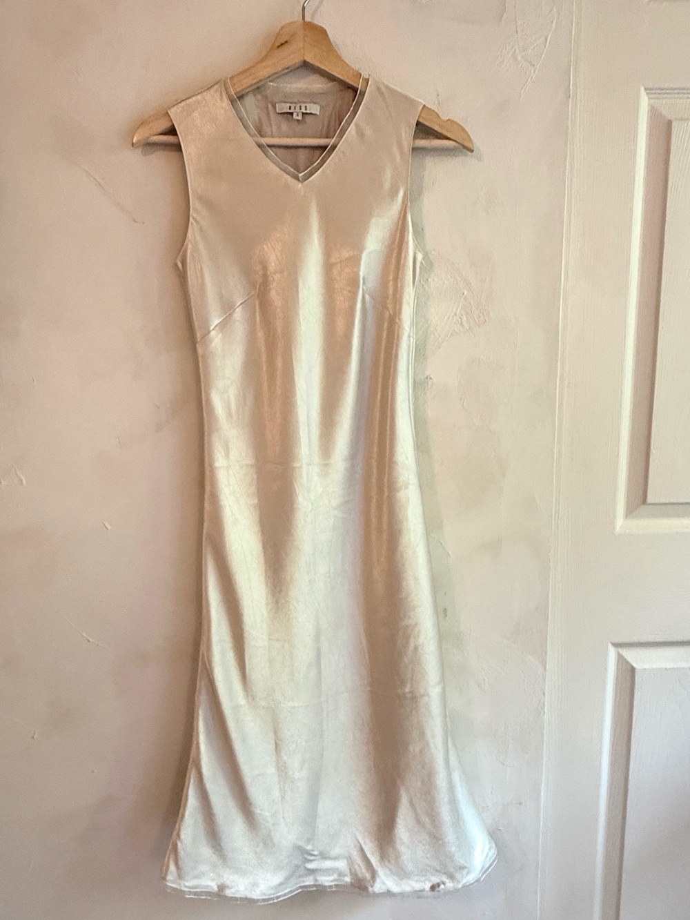 BESS | Metallic Champagne | Satin V-Neck | Midi Dress | Size Small
